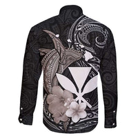 Hawaiian Whale and Kanaka Maoli Symbol Family Matching Long Sleeve Bodycon Dress and Hawaiian Shirt Hibiscus with Hawaii Map and Polynesian Tattoo Grayscale Color LT03 - Polynesian Pride