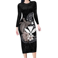 Hawaiian Whale and Kanaka Maoli Symbol Family Matching Long Sleeve Bodycon Dress and Hawaiian Shirt Hibiscus with Hawaii Map and Polynesian Tattoo Grayscale Color LT03 Mom's Dress Black - Polynesian Pride