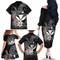 Hawaiian Whale and Kanaka Maoli Symbol Family Matching Off The Shoulder Long Sleeve Dress and Hawaiian Shirt Hibiscus with Hawaii Map and Polynesian Tattoo Grayscale Color LT03 - Polynesian Pride
