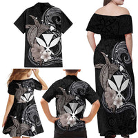 Hawaiian Whale and Kanaka Maoli Symbol Family Matching Off Shoulder Maxi Dress and Hawaiian Shirt Hibiscus with Hawaii Map and Polynesian Tattoo Grayscale Color LT03 - Polynesian Pride