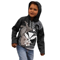 Hawaiian Whale and Kanaka Maoli Symbol Kid Hoodie Hibiscus with Hawaii Map and Polynesian Tattoo Grayscale Color LT03 - Polynesian Pride