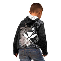 Hawaiian Whale and Kanaka Maoli Symbol Kid Hoodie Hibiscus with Hawaii Map and Polynesian Tattoo Grayscale Color LT03 - Polynesian Pride