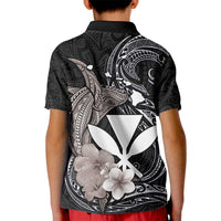 Hawaiian Whale and Kanaka Maoli Symbol Kid Polo Shirt Hibiscus with Hawaii Map and Polynesian Tattoo Grayscale Color LT03 - Polynesian Pride