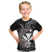 Hawaiian Whale and Kanaka Maoli Symbol Kid T Shirt Hibiscus with Hawaii Map and Polynesian Tattoo Grayscale Color LT03 Black - Polynesian Pride