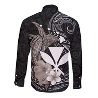 Hawaiian Whale and Kanaka Maoli Symbol Long Sleeve Button Shirt Hibiscus with Hawaii Map and Polynesian Tattoo Grayscale Color LT03 - Polynesian Pride