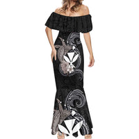 Hawaiian Whale and Kanaka Maoli Symbol Mermaid Dress Hibiscus with Hawaii Map and Polynesian Tattoo Grayscale Color LT03 - Polynesian Pride