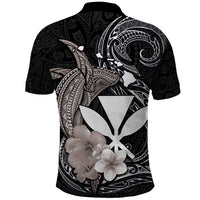 Hawaiian Whale and Kanaka Maoli Symbol Polo Shirt Hibiscus with Hawaii Map and Polynesian Tattoo Grayscale Color LT03 - Polynesian Pride