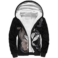 Hawaiian Whale and Kanaka Maoli Symbol Sherpa Hoodie Hibiscus with Hawaii Map and Polynesian Tattoo Grayscale Color LT03 Unisex Black - Polynesian Pride