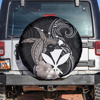 Hawaiian Whale and Kanaka Maoli Symbol Spare Tire Cover Hibiscus with Hawaii Map and Polynesian Tattoo Grayscale Color LT03 Black - Polynesian Pride