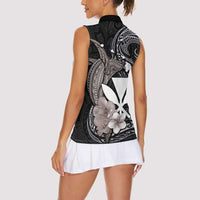 Hawaiian Whale and Kanaka Maoli Symbol Women Sleeveless Polo Shirt Hibiscus with Hawaii Map and Polynesian Tattoo Grayscale Color LT03 - Polynesian Pride