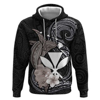 Hawaiian Whale and Kanaka Maoli Symbol Zip Hoodie Hibiscus with Hawaii Map and Polynesian Tattoo Grayscale Color LT03 Pullover Hoodie Black - Polynesian Pride