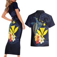 Hawaiian Whale and Kanaka Maoli Symbol Couples Matching Short Sleeve Bodycon Dress and Hawaiian Shirt Hibiscus with Hawaii Map and Polynesian Tattoo Deep Sea Color LT03 - Polynesian Pride