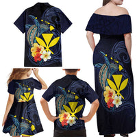 Hawaiian Whale and Kanaka Maoli Symbol Family Matching Off Shoulder Maxi Dress and Hawaiian Shirt Hibiscus with Hawaii Map and Polynesian Tattoo Deep Sea Color LT03 - Polynesian Pride