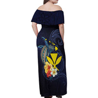Hawaiian Whale and Kanaka Maoli Symbol Family Matching Off Shoulder Maxi Dress and Hawaiian Shirt Hibiscus with Hawaii Map and Polynesian Tattoo Deep Sea Color LT03 - Polynesian Pride