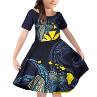 Hawaiian Whale and Kanaka Maoli Symbol Family Matching Off Shoulder Short Dress and Hawaiian Shirt Hibiscus with Hawaii Map and Polynesian Tattoo Deep Sea Color LT03 Daughter's Dress Blue - Polynesian Pride