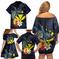 Hawaiian Whale and Kanaka Maoli Symbol Family Matching Off Shoulder Short Dress and Hawaiian Shirt Hibiscus with Hawaii Map and Polynesian Tattoo Deep Sea Color LT03 - Polynesian Pride