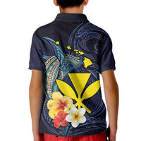 Hawaiian Whale and Kanaka Maoli Symbol Kid Polo Shirt Hibiscus with Hawaii Map and Polynesian Tattoo Deep Sea Color LT03 - Polynesian Pride