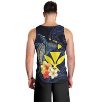 Hawaiian Whale and Kanaka Maoli Symbol Men Tank Top Hibiscus with Hawaii Map and Polynesian Tattoo Deep Sea Color LT03 - Polynesian Pride