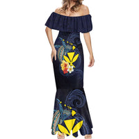 Hawaiian Whale and Kanaka Maoli Symbol Mermaid Dress Hibiscus with Hawaii Map and Polynesian Tattoo Deep Sea Color LT03 - Polynesian Pride
