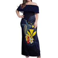 Hawaiian Whale and Kanaka Maoli Symbol Off Shoulder Maxi Dress Hibiscus with Hawaii Map and Polynesian Tattoo Deep Sea Color LT03 Women Blue - Polynesian Pride