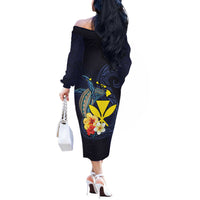 Hawaiian Whale and Kanaka Maoli Symbol Off The Shoulder Long Sleeve Dress Hibiscus with Hawaii Map and Polynesian Tattoo Deep Sea Color LT03 - Polynesian Pride