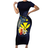 Hawaiian Whale and Kanaka Maoli Symbol Short Sleeve Bodycon Dress Hibiscus with Hawaii Map and Polynesian Tattoo Deep Sea Color LT03 Long Dress Blue - Polynesian Pride