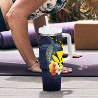 Hawaiian Whale and Kanaka Maoli Symbol Tumbler With Handle Hibiscus with Hawaii Map and Polynesian Tattoo Deep Sea Color LT03 - Polynesian Pride