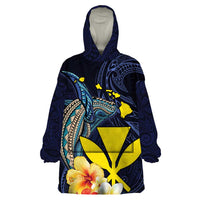 Hawaiian Whale and Kanaka Maoli Symbol Wearable Blanket Hoodie Hibiscus with Hawaii Map and Polynesian Tattoo Deep Sea Color LT03 One Size Blue - Polynesian Pride
