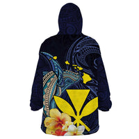 Hawaiian Whale and Kanaka Maoli Symbol Wearable Blanket Hoodie Hibiscus with Hawaii Map and Polynesian Tattoo Deep Sea Color LT03 - Polynesian Pride