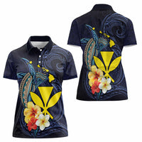Hawaiian Whale and Kanaka Maoli Symbol Women Polo Shirt Hibiscus with Hawaii Map and Polynesian Tattoo Deep Sea Color LT03 - Polynesian Pride