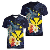 Hawaiian Whale and Kanaka Maoli Symbol Women V-Neck T-Shirt Hibiscus with Hawaii Map and Polynesian Tattoo Deep Sea Color LT03 - Polynesian Pride