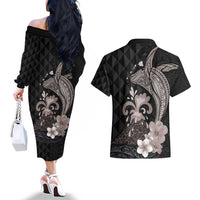 Hawaiian Whale and Volcanic Eruption Couples Matching Off The Shoulder Long Sleeve Dress and Hawaiian Shirt Hibiscus and Kakau Pattern Grayscale Color LT03 - Polynesian Pride