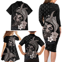 Hawaiian Whale and Volcanic Eruption Family Matching Long Sleeve Bodycon Dress and Hawaiian Shirt Hibiscus and Kakau Pattern Grayscale Color LT03 - Polynesian Pride