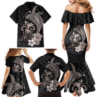 Hawaiian Whale and Volcanic Eruption Family Matching Mermaid Dress and Hawaiian Shirt Hibiscus and Kakau Pattern Grayscale Color LT03 - Polynesian Pride