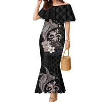 Hawaiian Whale and Volcanic Eruption Family Matching Mermaid Dress and Hawaiian Shirt Hibiscus and Kakau Pattern Grayscale Color LT03 Mom's Dress Black - Polynesian Pride