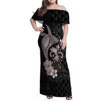 Hawaiian Whale and Volcanic Eruption Family Matching Off Shoulder Maxi Dress and Hawaiian Shirt Hibiscus and Kakau Pattern Grayscale Color LT03 Mom's Dress Black - Polynesian Pride