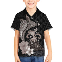 Hawaiian Whale and Volcanic Eruption Family Matching Off Shoulder Maxi Dress and Hawaiian Shirt Hibiscus and Kakau Pattern Grayscale Color LT03 Son's Shirt Black - Polynesian Pride