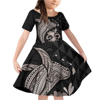 Hawaiian Whale and Volcanic Eruption Family Matching Off Shoulder Short Dress and Hawaiian Shirt Hibiscus and Kakau Pattern Grayscale Color LT03 Daughter's Dress Black - Polynesian Pride