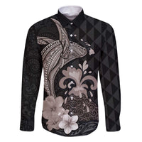 Hawaiian Whale and Volcanic Eruption Family Matching Off Shoulder Short Dress and Hawaiian Shirt Hibiscus and Kakau Pattern Grayscale Color LT03 Dad's Shirt - Long Sleeve Black - Polynesian Pride
