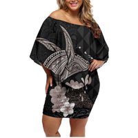 Hawaiian Whale and Volcanic Eruption Family Matching Off Shoulder Short Dress and Hawaiian Shirt Hibiscus and Kakau Pattern Grayscale Color LT03 Mom's Dress Black - Polynesian Pride