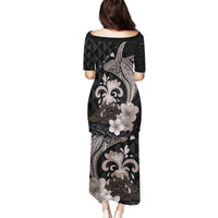 Hawaiian Whale and Volcanic Eruption Family Matching Puletasi and Hawaiian Shirt Hibiscus and Kakau Pattern Grayscale Color LT03 - Polynesian Pride