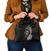 Hawaiian Whale and Volcanic Eruption Shoulder Handbag Hibiscus and Kakau Pattern Grayscale Color LT03 - Polynesian Pride