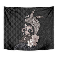 Hawaiian Whale and Volcanic Eruption Tapestry Hibiscus and Kakau Pattern Grayscale Color