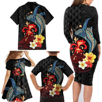 Hawaiian Whale and Volcanic Eruption Family Matching Long Sleeve Bodycon Dress and Hawaiian Shirt Hibiscus and Kakau Pattern LT03 - Polynesian Pride