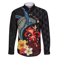 Hawaiian Whale and Volcanic Eruption Family Matching Off The Shoulder Long Sleeve Dress and Hawaiian Shirt Hibiscus and Kakau Pattern LT03 Dad's Shirt - Long Sleeve Black - Polynesian Pride