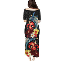 Hawaiian Whale and Volcanic Eruption Family Matching Puletasi and Hawaiian Shirt Hibiscus and Kakau Pattern