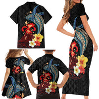 Hawaiian Whale and Volcanic Eruption Family Matching Short Sleeve Bodycon Dress and Hawaiian Shirt Hibiscus and Kakau Pattern LT03 - Polynesian Pride