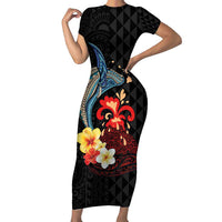 Hawaiian Whale and Volcanic Eruption Family Matching Short Sleeve Bodycon Dress and Hawaiian Shirt Hibiscus and Kakau Pattern LT03 Mom's Dress Black - Polynesian Pride