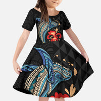 Hawaiian Whale and Volcanic Eruption Kid Short Sleeve Dress Hibiscus and Kakau Pattern