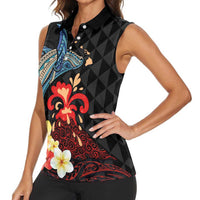 Hawaiian Whale and Volcanic Eruption Women Sleeveless Polo Shirt Hibiscus and Kakau Pattern